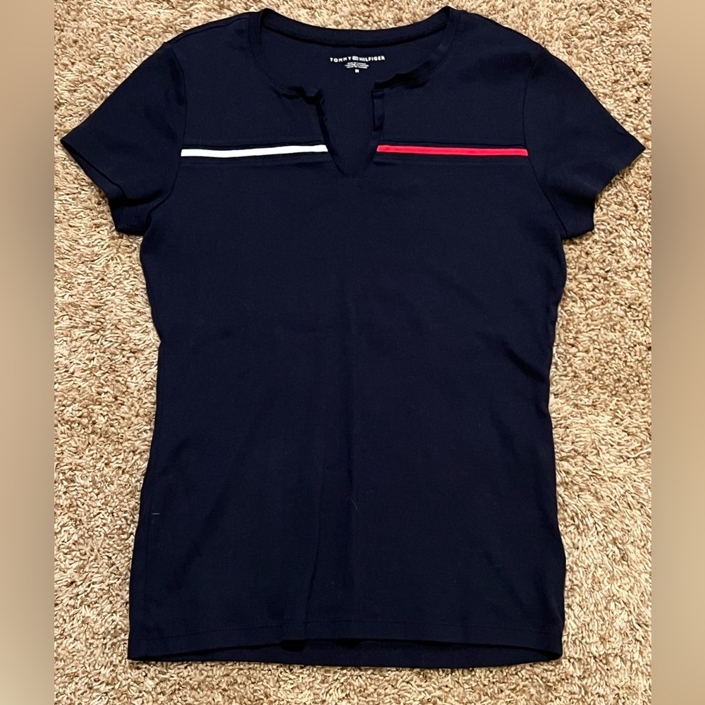 Tommy Hilfiger Y2K Navy Baby Tee with Red and White Stripes